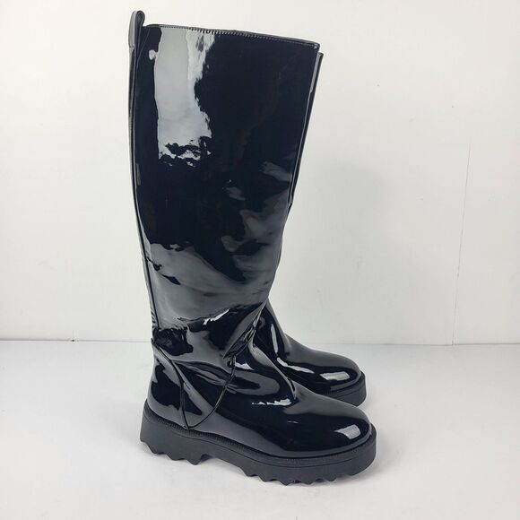 Aerosoles Slalom Knee High Boots Pull on Lug Sole Black Wet look 7M - Picture 8 of 13